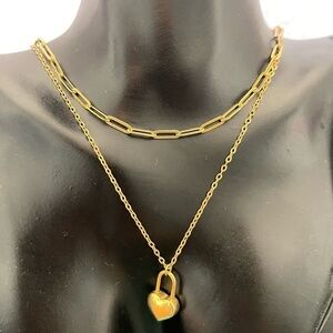 Layered heart locket and box chain necklace stainless steel